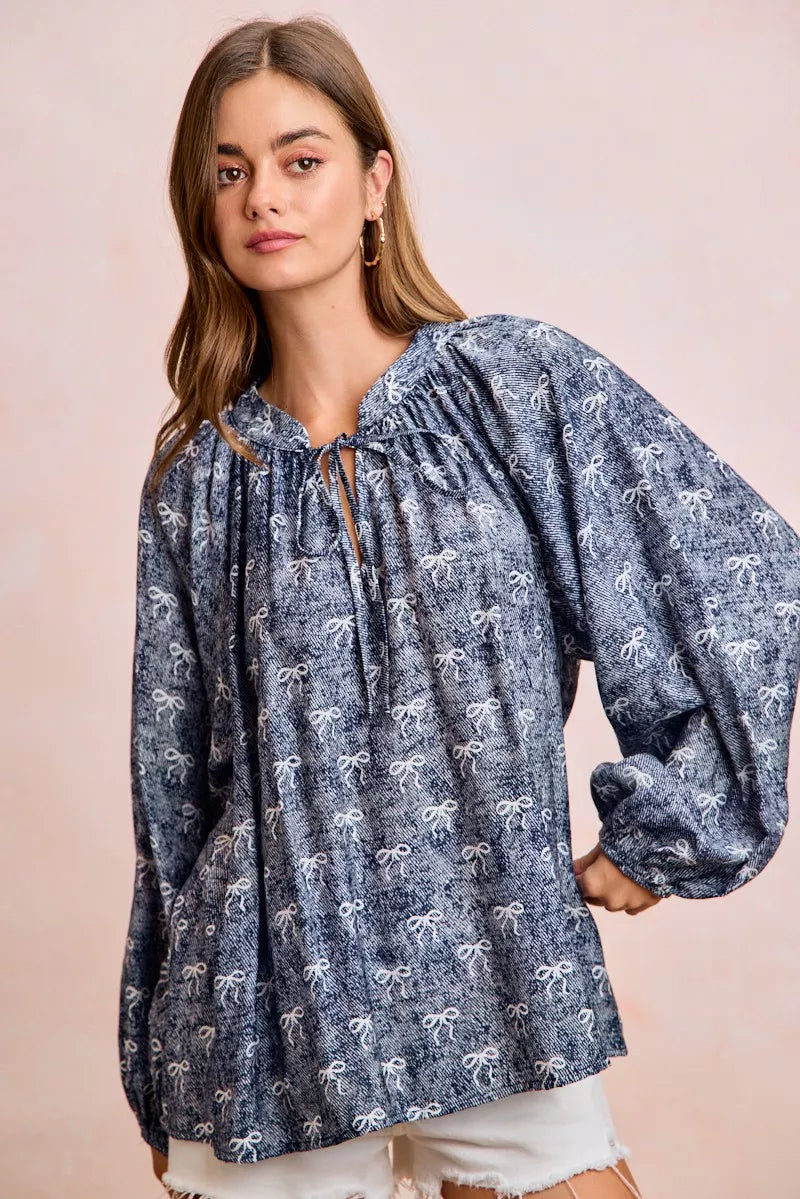 Ribbon Bow Print Exaggerated Balloon Sleeves Top BiBi