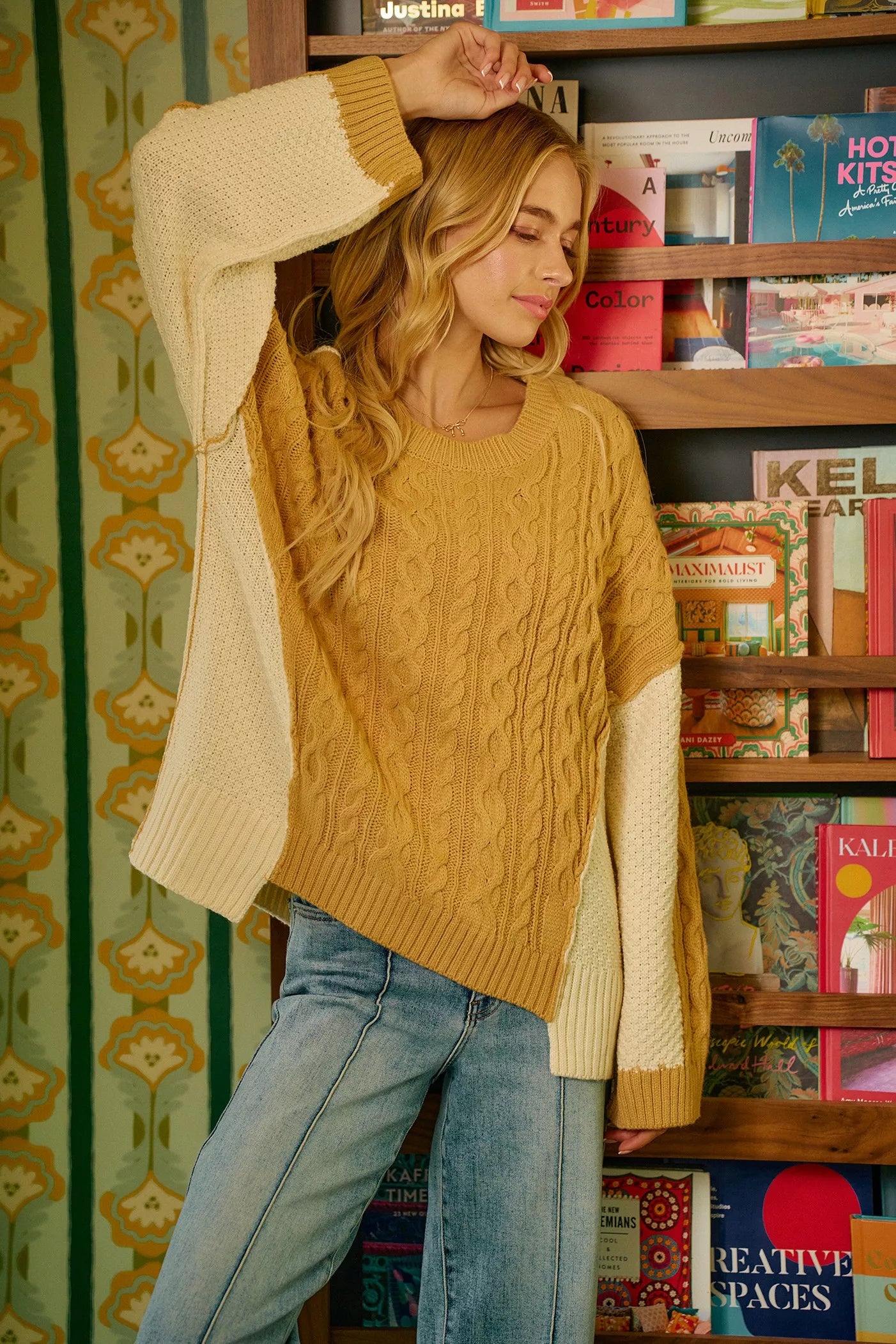 Cable Knit With Hacci Combo Sweater With Uneven Hem Detail BiBi