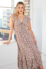 Flower Print Ruffle Cap Sleeve V-neck Midi Dress Mittoshop