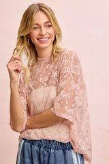 Bow Pattern Short Sleeves Boxy Mesh Top BiBi