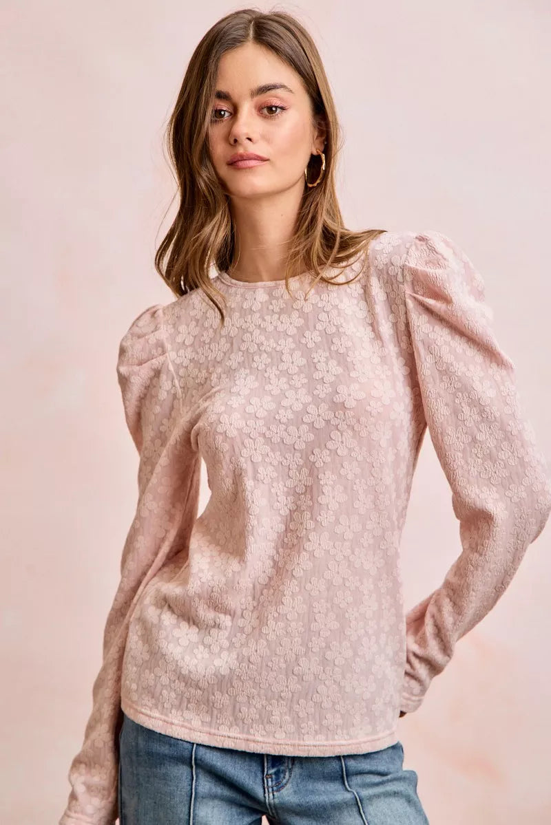 Textured Flower Knit Puff Shoulder Top BiBi BLUSH S