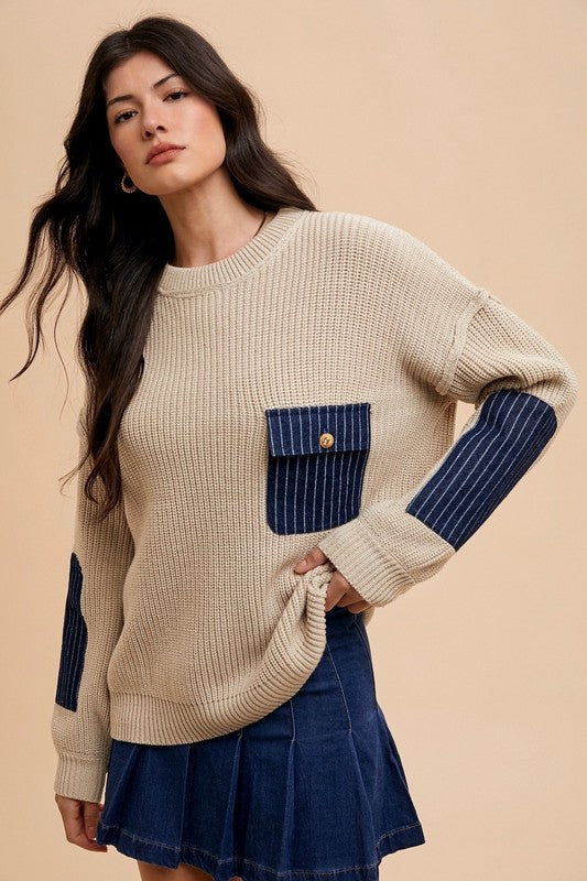 Contrast Round Neck Drop Shoulder Sweater with Patch Pocket Annie Wear