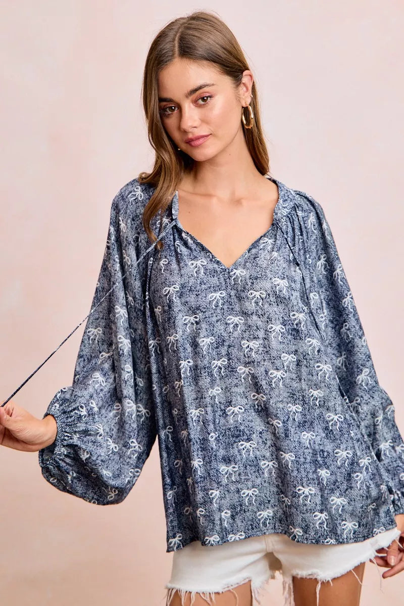 Ribbon Bow Print Exaggerated Balloon Sleeves Top BiBi