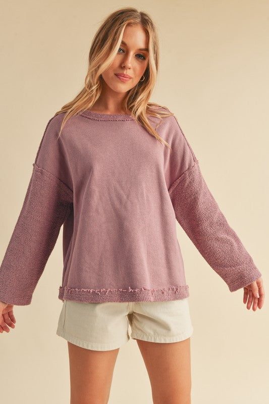 Frayed Edge Round Neck Sweatshirt Aemi + Co Dusty Pink S