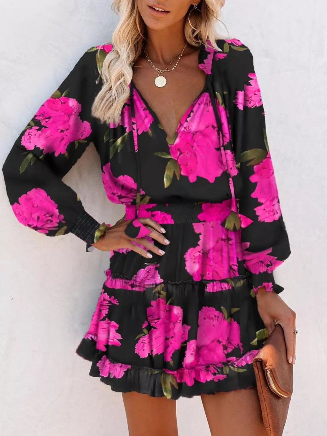 Tie Neck Lantern Sleeve Dress Simmer & Fay Black S