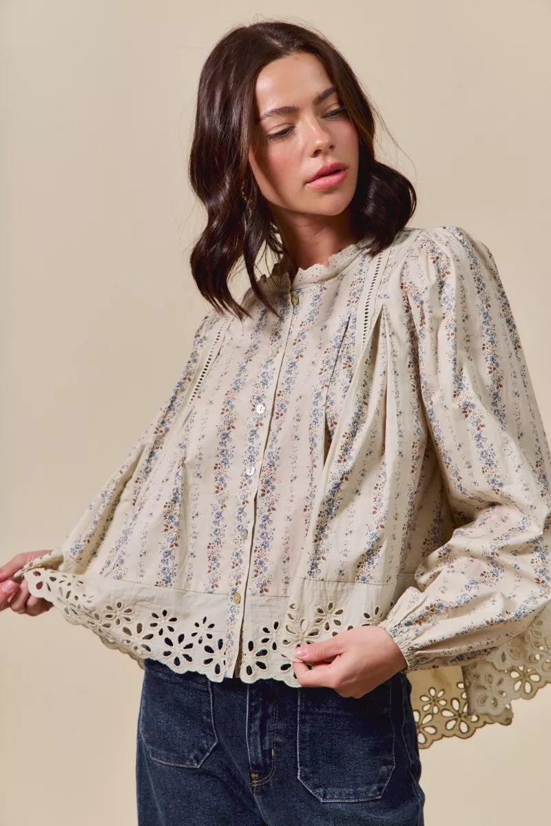Floral Print Lace Button Down Shirt So Me