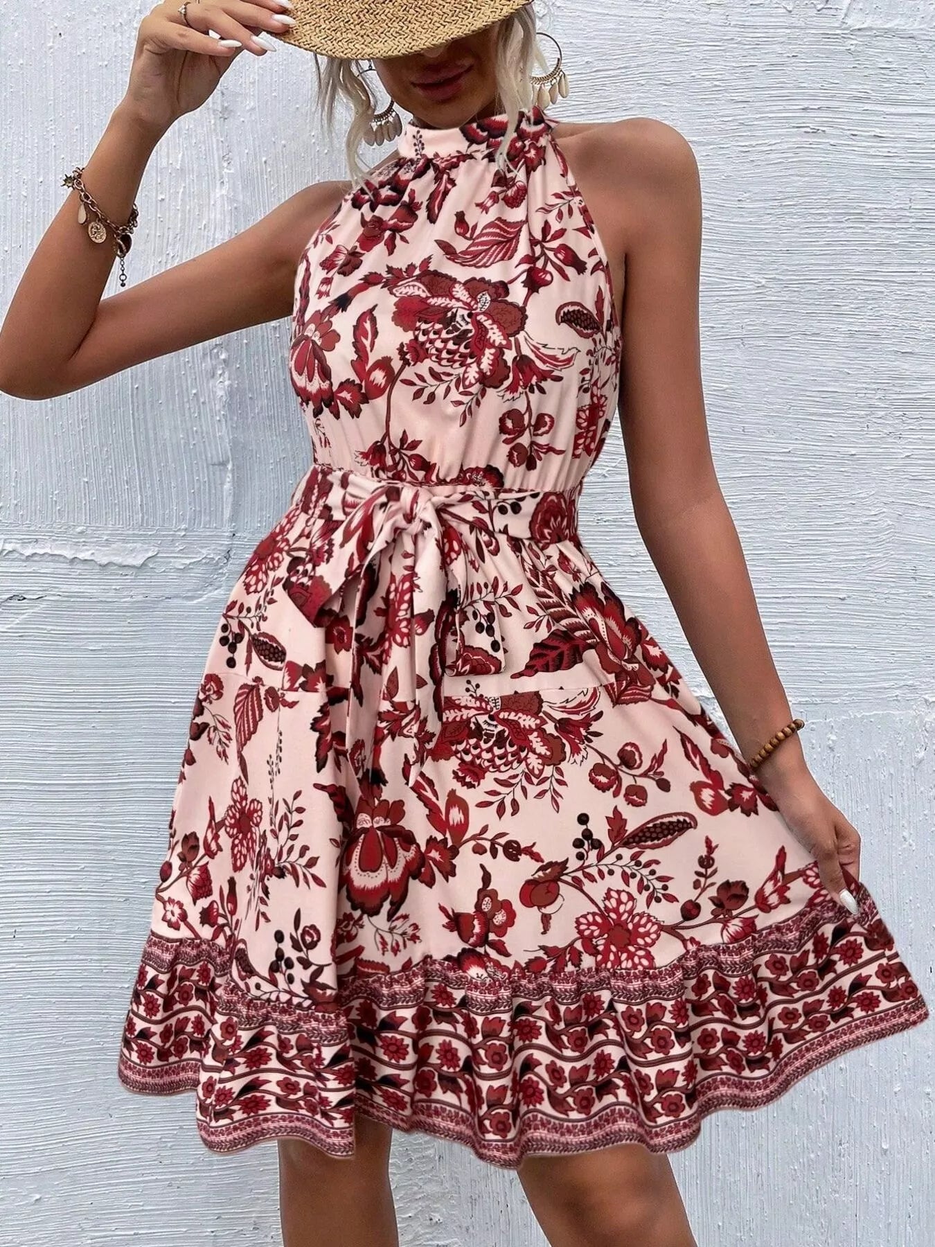 Printed Sleeveless Tie Waist Dress Simmer & Fay