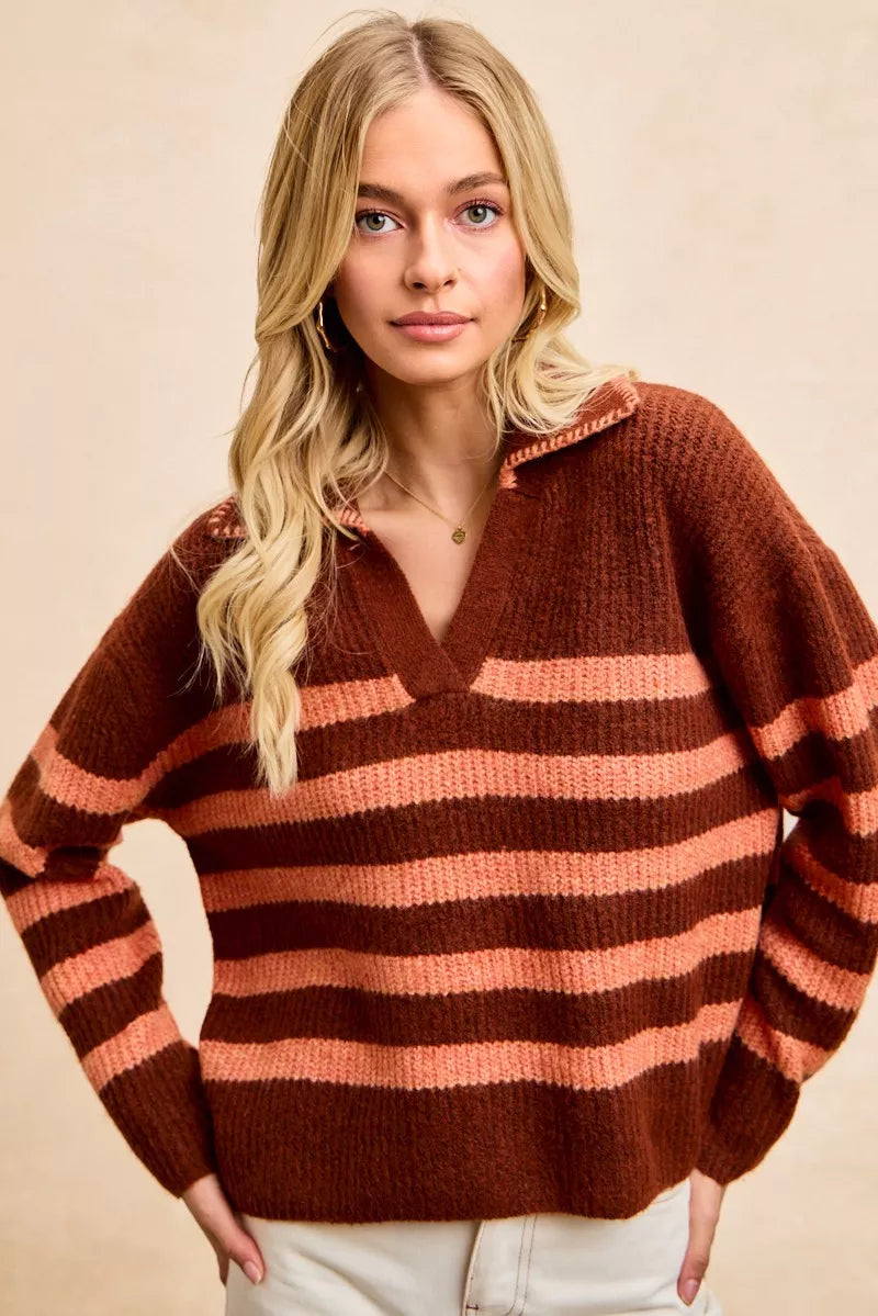 Striped Sweater Top with Collar Stitched Details BiBi