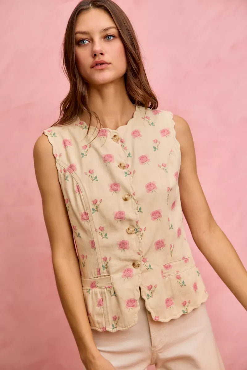 SO ME Floral Rose Cotton Twill Scallop Button Vest Top Trendsi