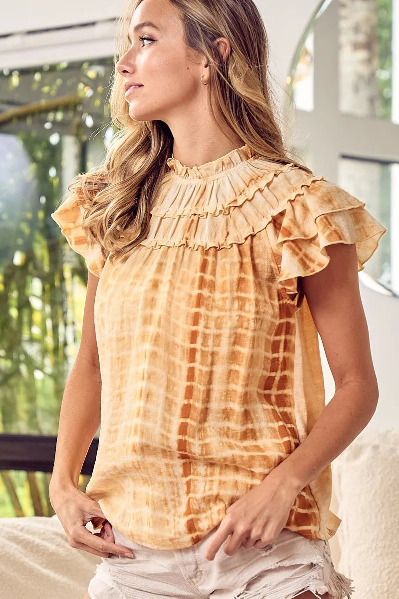 Tiered Ruffle Neck Tie Dye Top BiBi