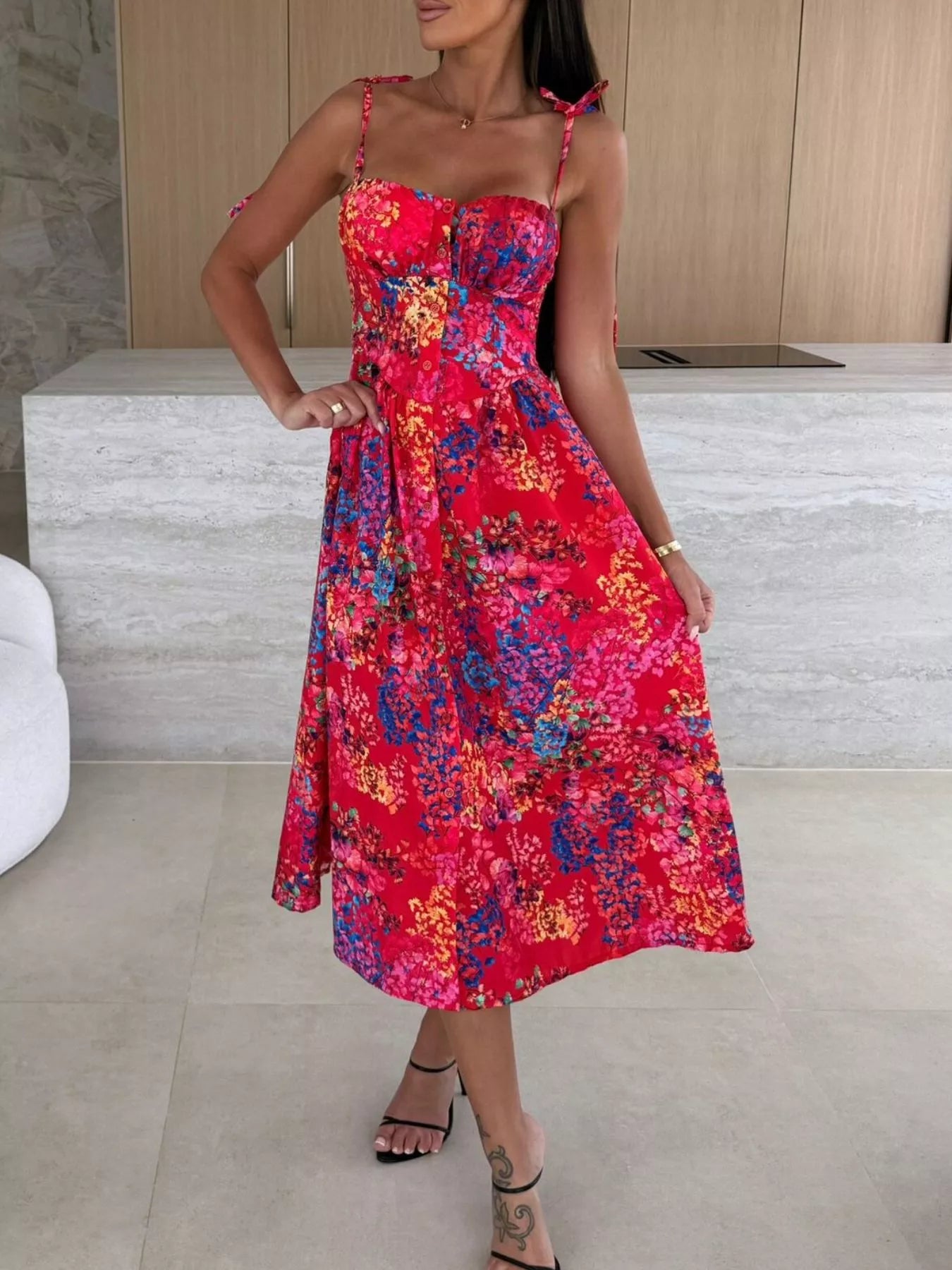 Printed Tie-Strap Midi Dress Simmer & Fay Scarlet S
