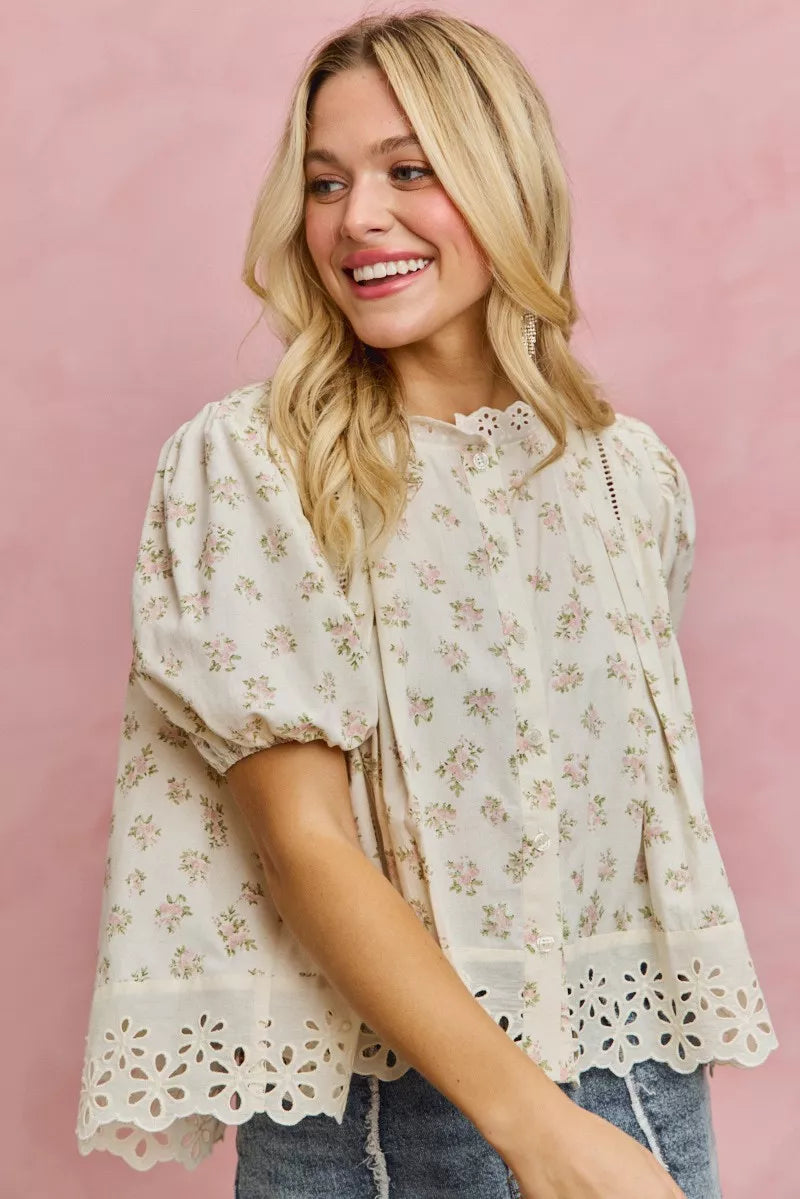Floral Print Lace Trim Short Sleeves Blouse So Me