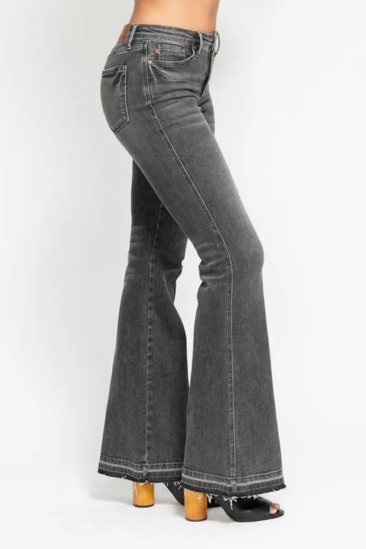 Mid Rise Tummy Control Washed Gray Release Hem Flare Jeans Judy Blue