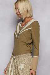 Ribbed Half Button Lace Detail Knit Top POL