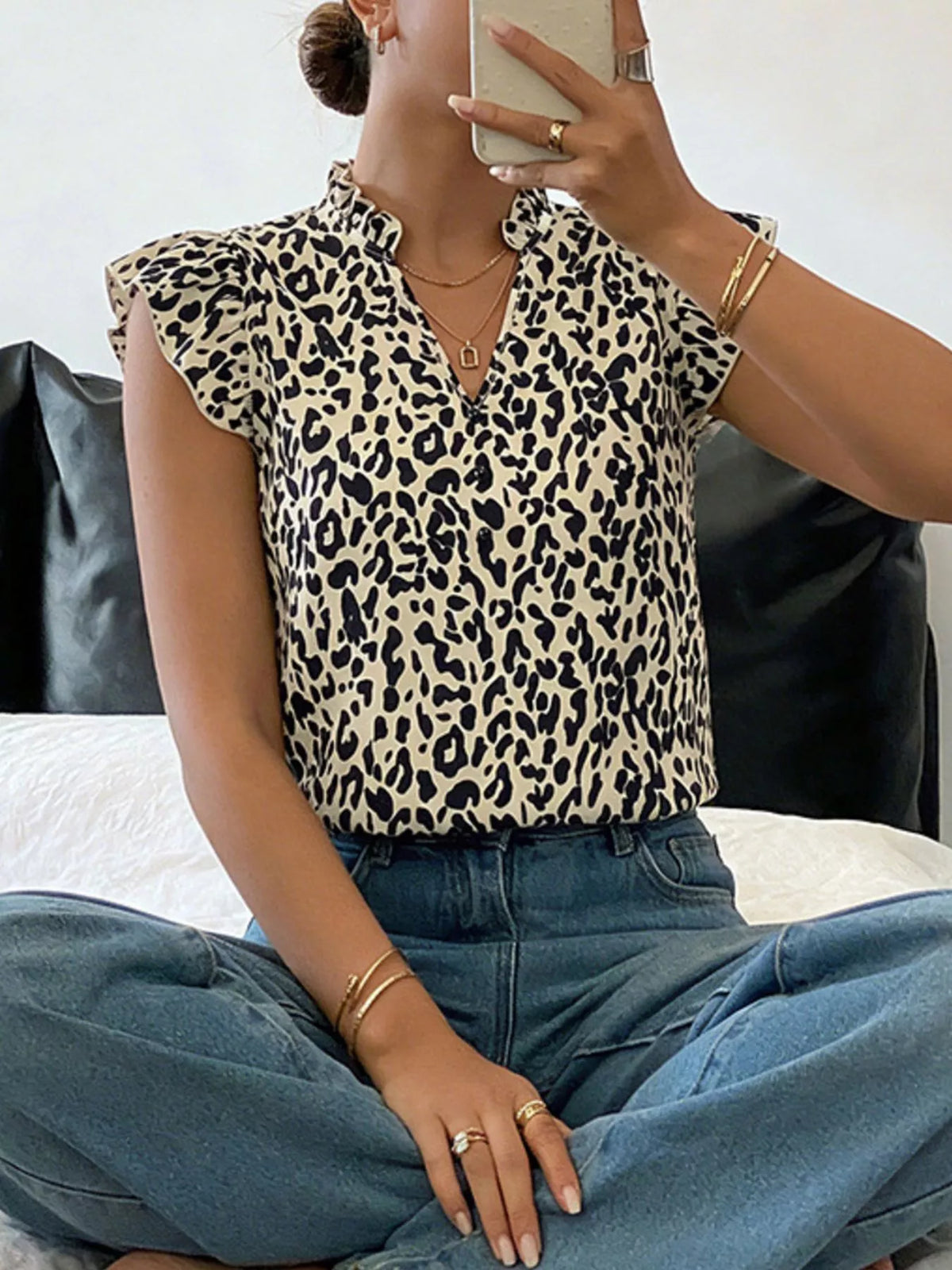 Leopard Print Ruffle Sleeve Blouse Simmer & Fay Orange-red S