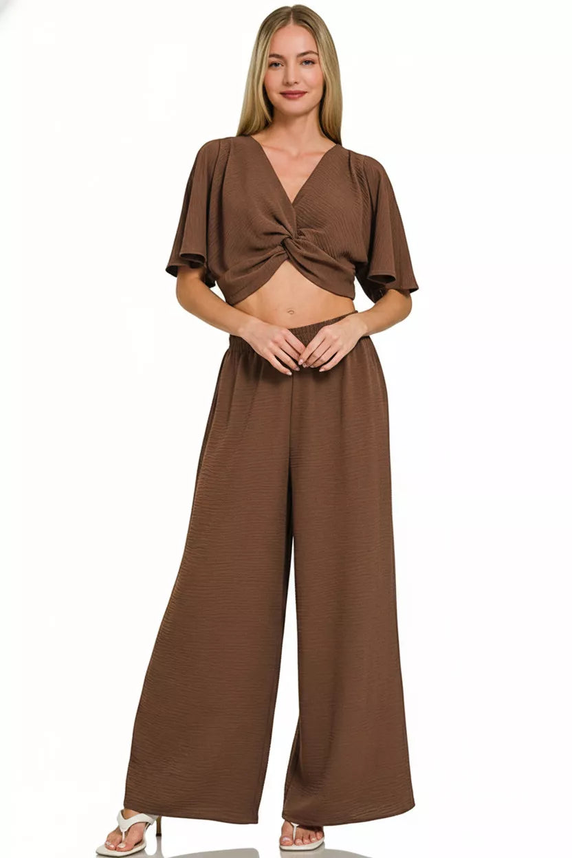 Woven Airflow Twisted Top & Wide Leg Pants Set ZENANA