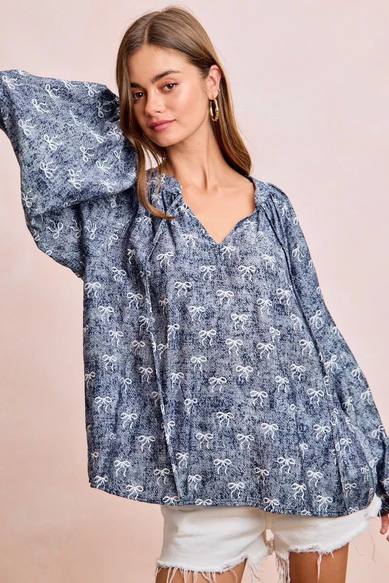 Ribbon Bow Print Exaggerated Balloon Sleeves Top BiBi