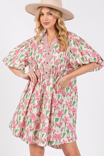 Floral Half Button Notched Puff Sleeve Dress Sage + Fig