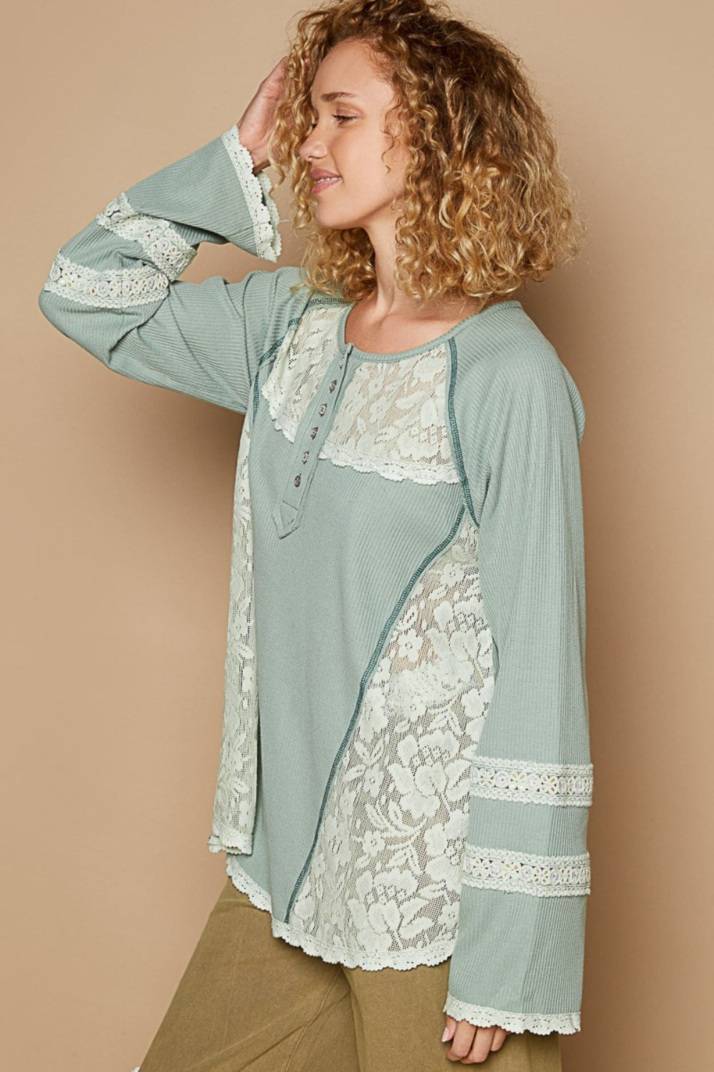 Round Neck Long Sleeve Lace Trim Thermal Top POL   