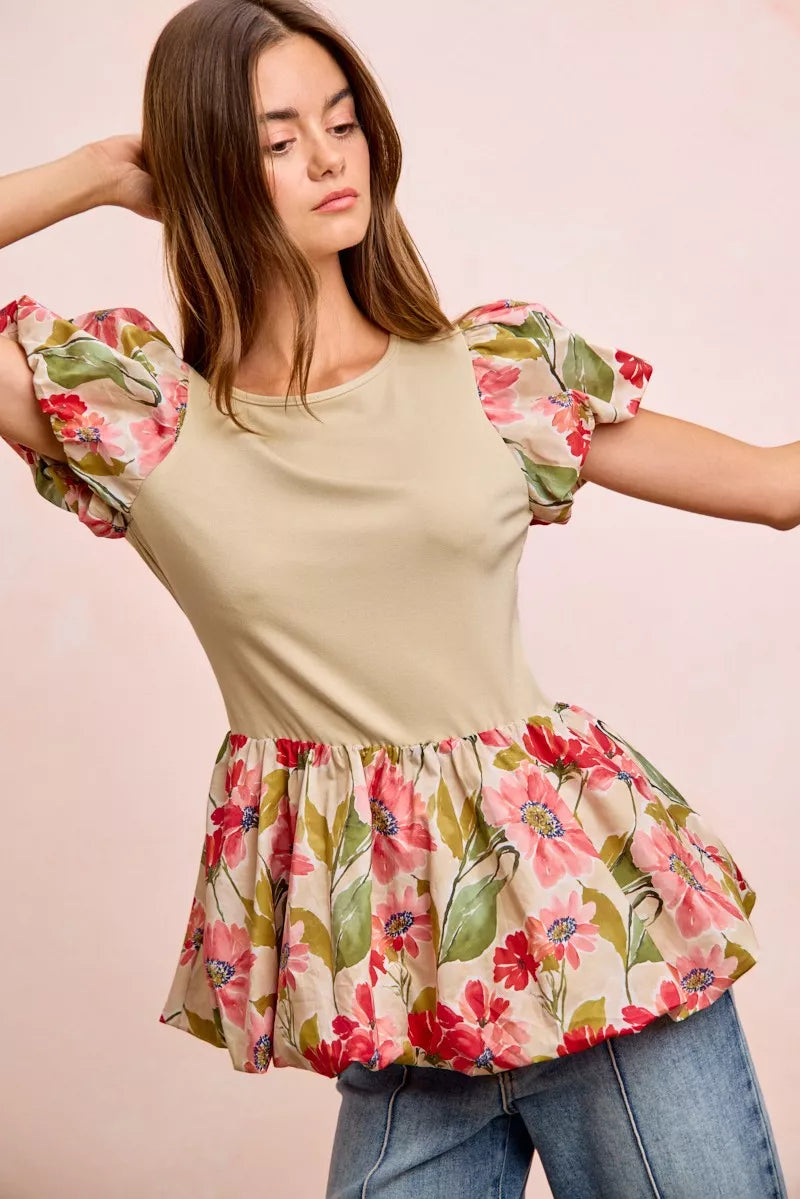 Floral Printed Bubble Sleeves and Hem Peplum Top BiBi