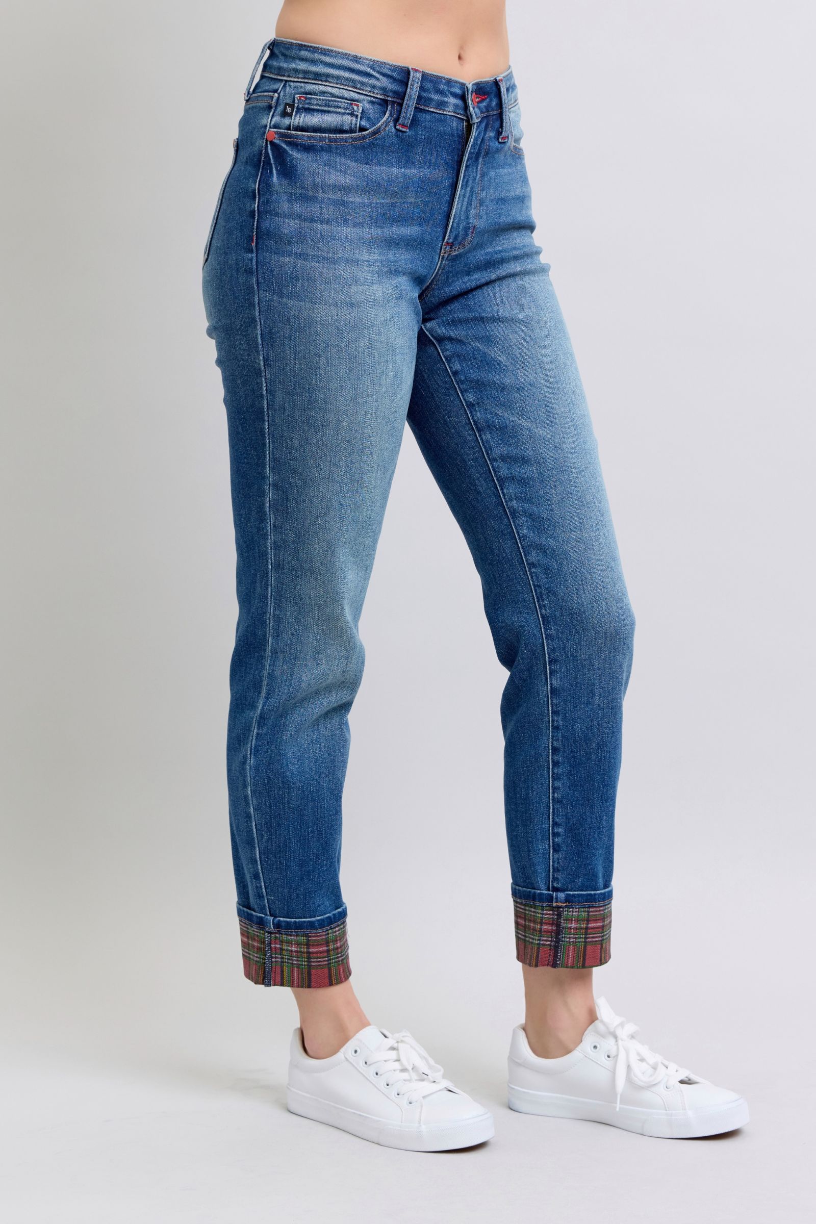 Plaid Print Cuff Straight Leg Jeans with Pockets Judy Blue