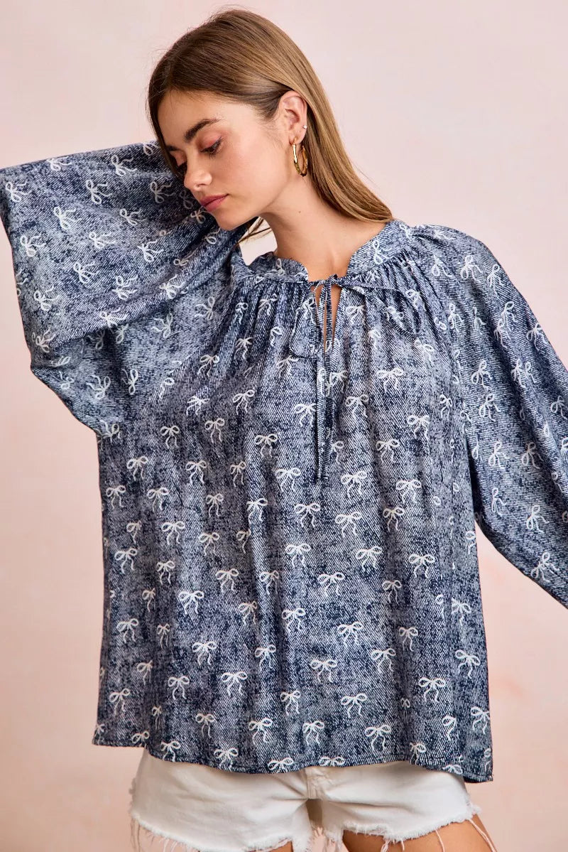 Ribbon Bow Print Exaggerated Balloon Sleeves Top BiBi