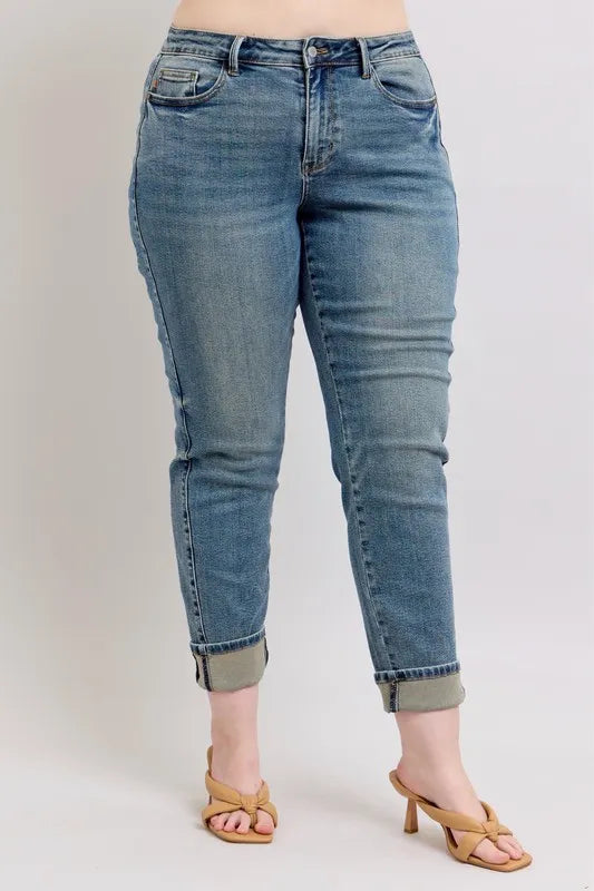 Mid Rise Vintage Wash Double Roll Cuff Boyfriend Jeans with Plus Size Judy Blue