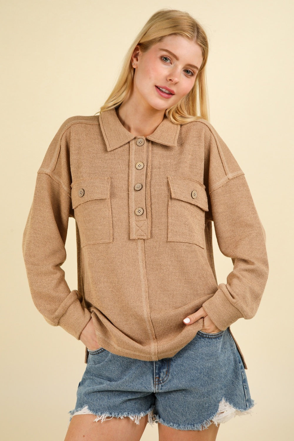 Collared Half Button Knit Top with Pockets Very J Taupe S 