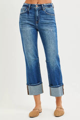 High Rise Straight Jeans with Distressed Hem Risen