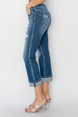 Cuffed Ankle Distressed Straight Jeans Risen   