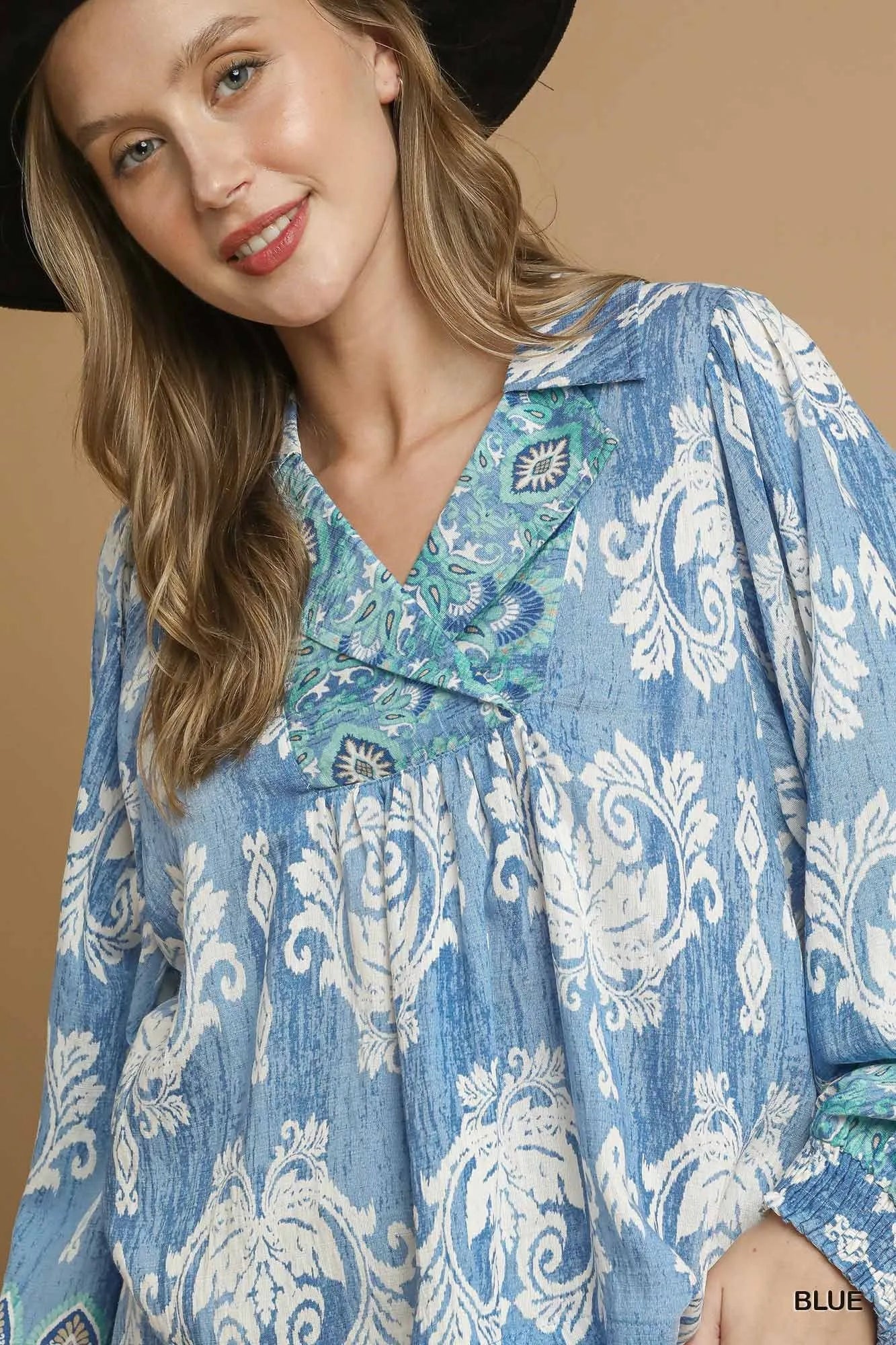 Ruffled Paisley Printed Long Sleeve Blouse Umgee