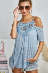 Drop Shoulder Crochet Lace Adjustable Strap Top BiBi   