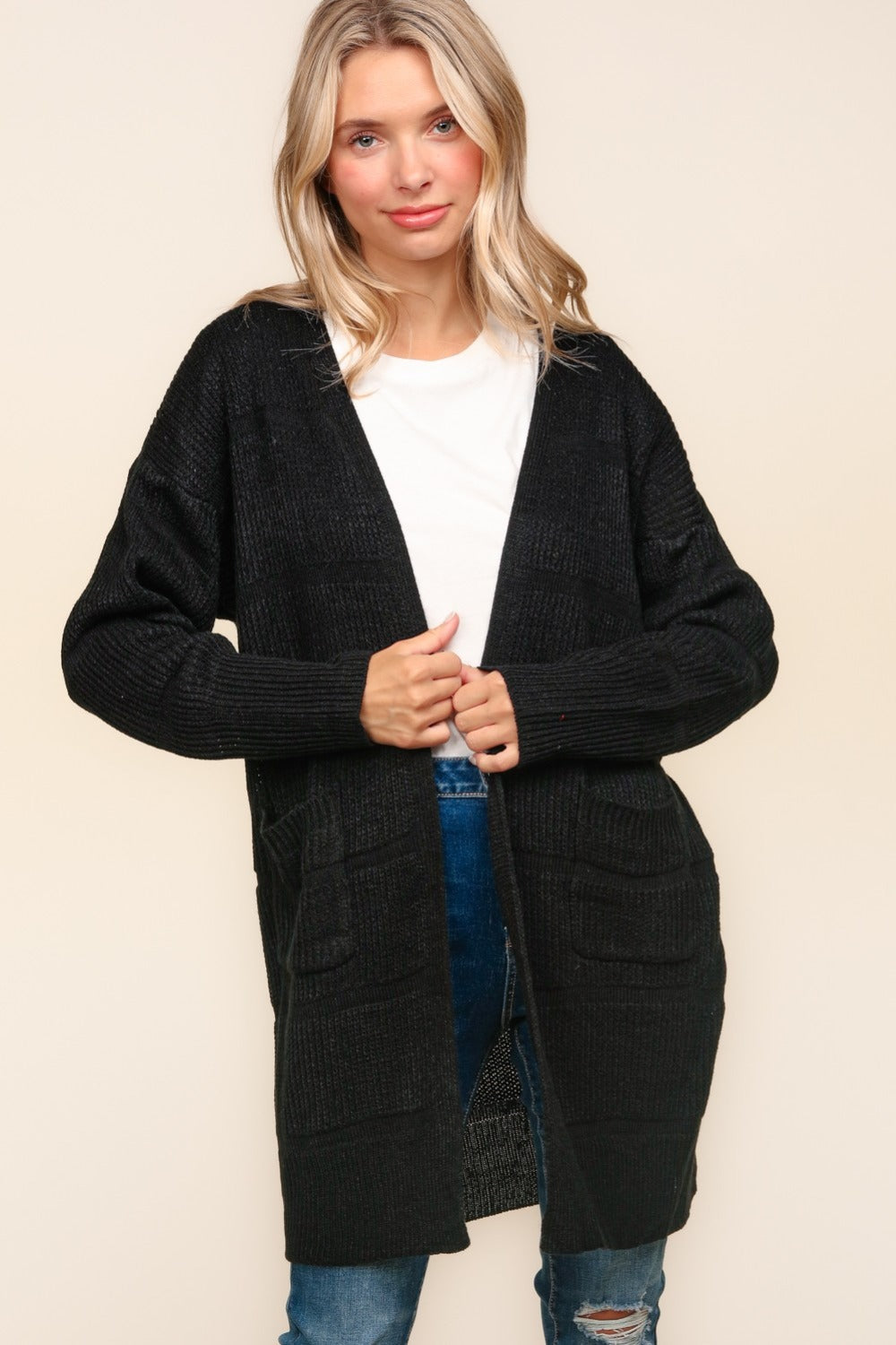 Stripe Textured Open Front Cardigan with Pockets Haptics Black S 