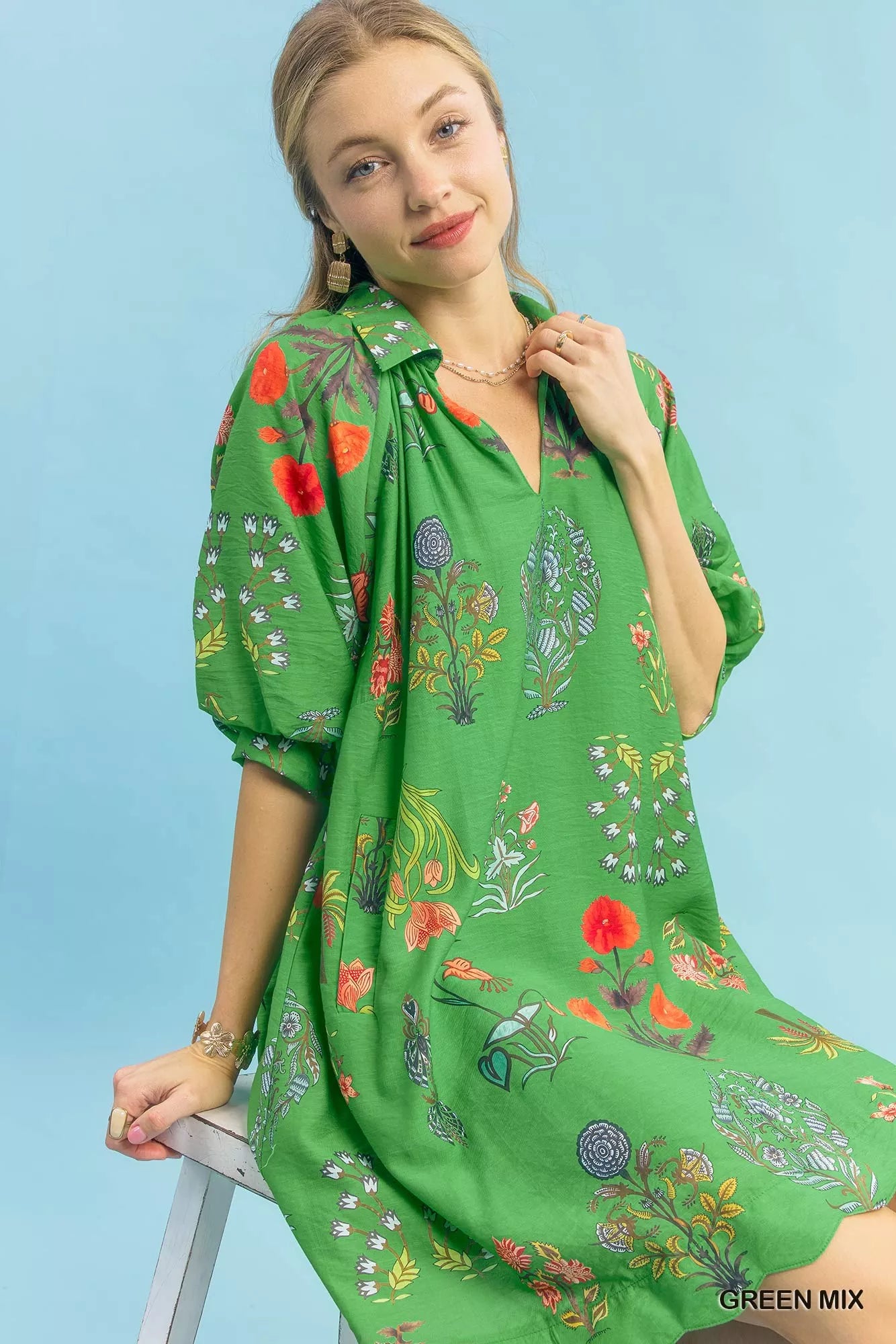Floral Encyclopedia Print Mini Dress Umgee