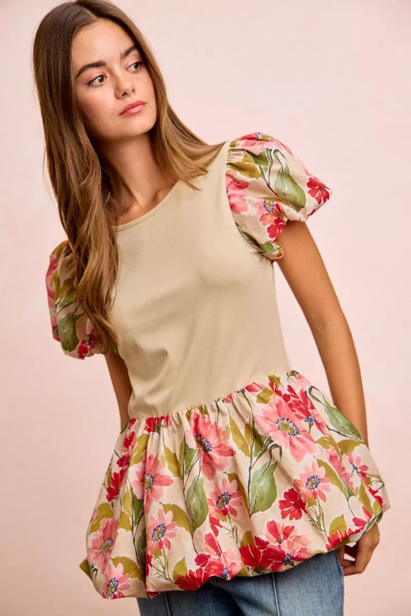 Floral Printed Bubble Sleeves and Hem Peplum Top BiBi