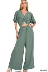 Woven Airflow Twisted Top & Wide Leg Pants Set ZENANA ASH JADE S