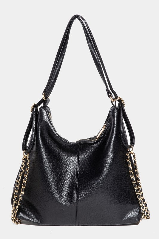 Faux Leather Hobo Bag with Gold Chain Detail Fame Black One Size 