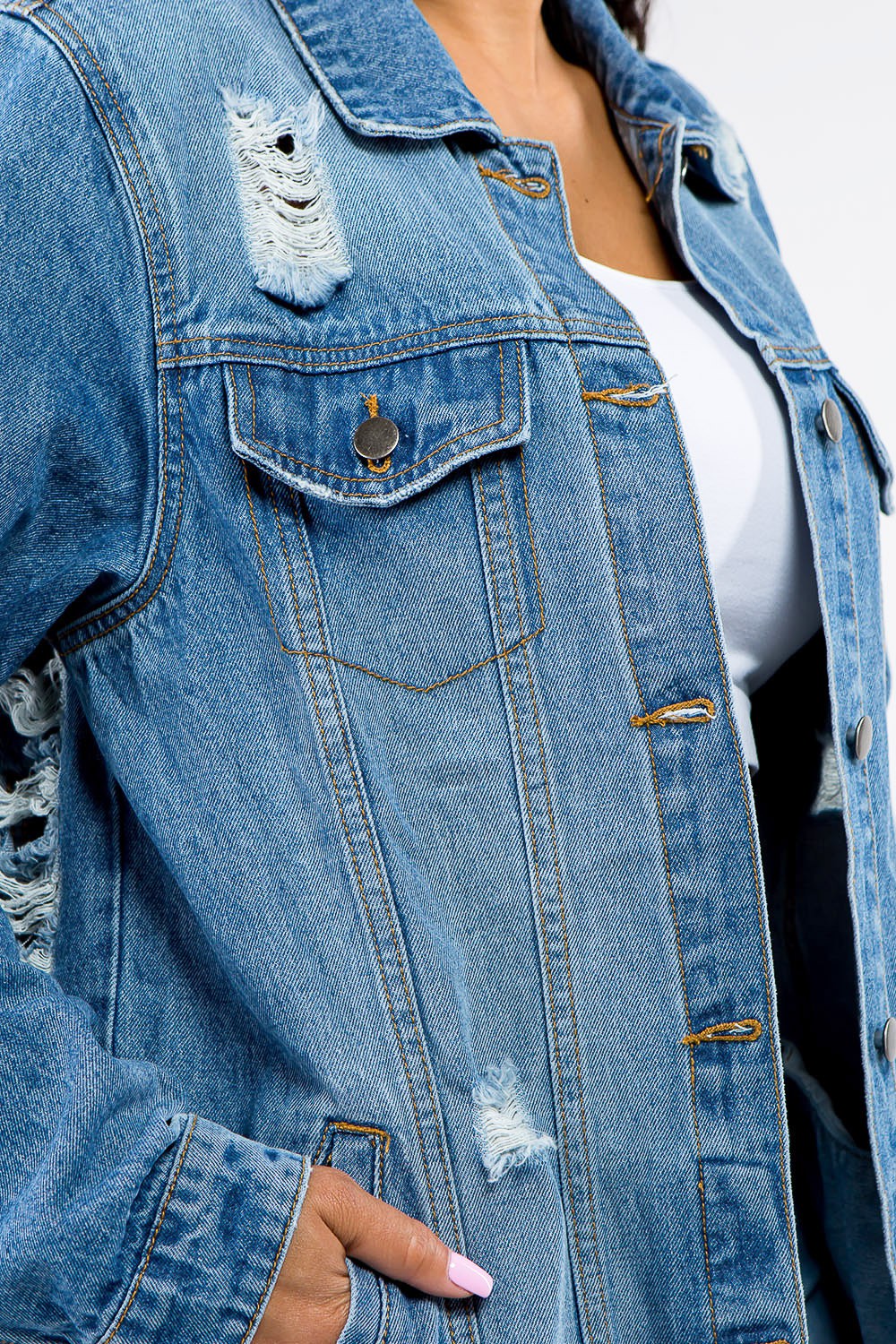 Button Up Distressed Denim Jacket American Bazi   