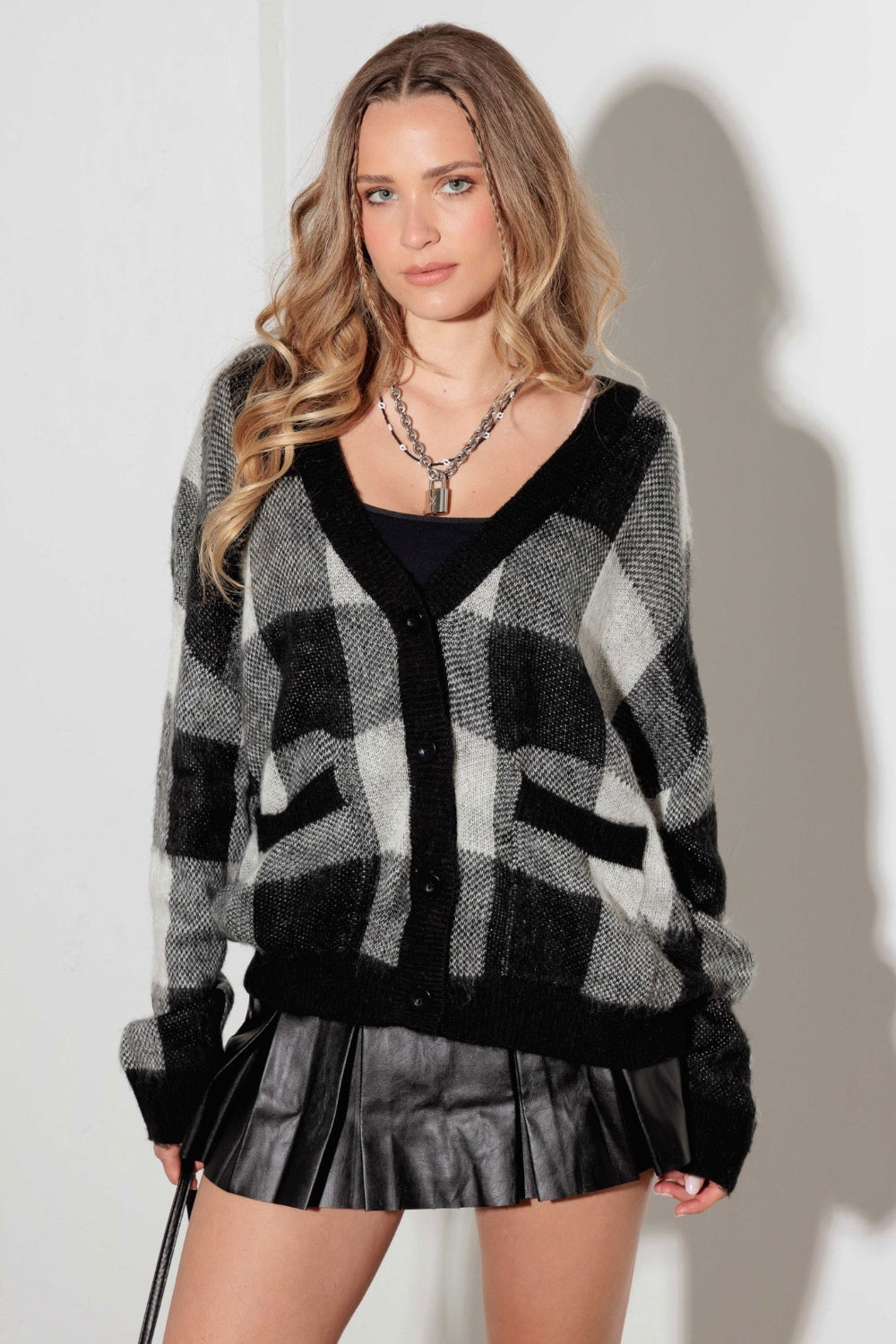 V-Neck Checkered Cardigan with Pockets Mustard Seed Black White S 