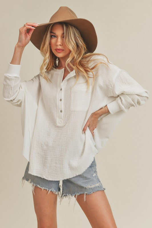 Exposed Seam Raw Hem Half Button Top Aemi + Co White S