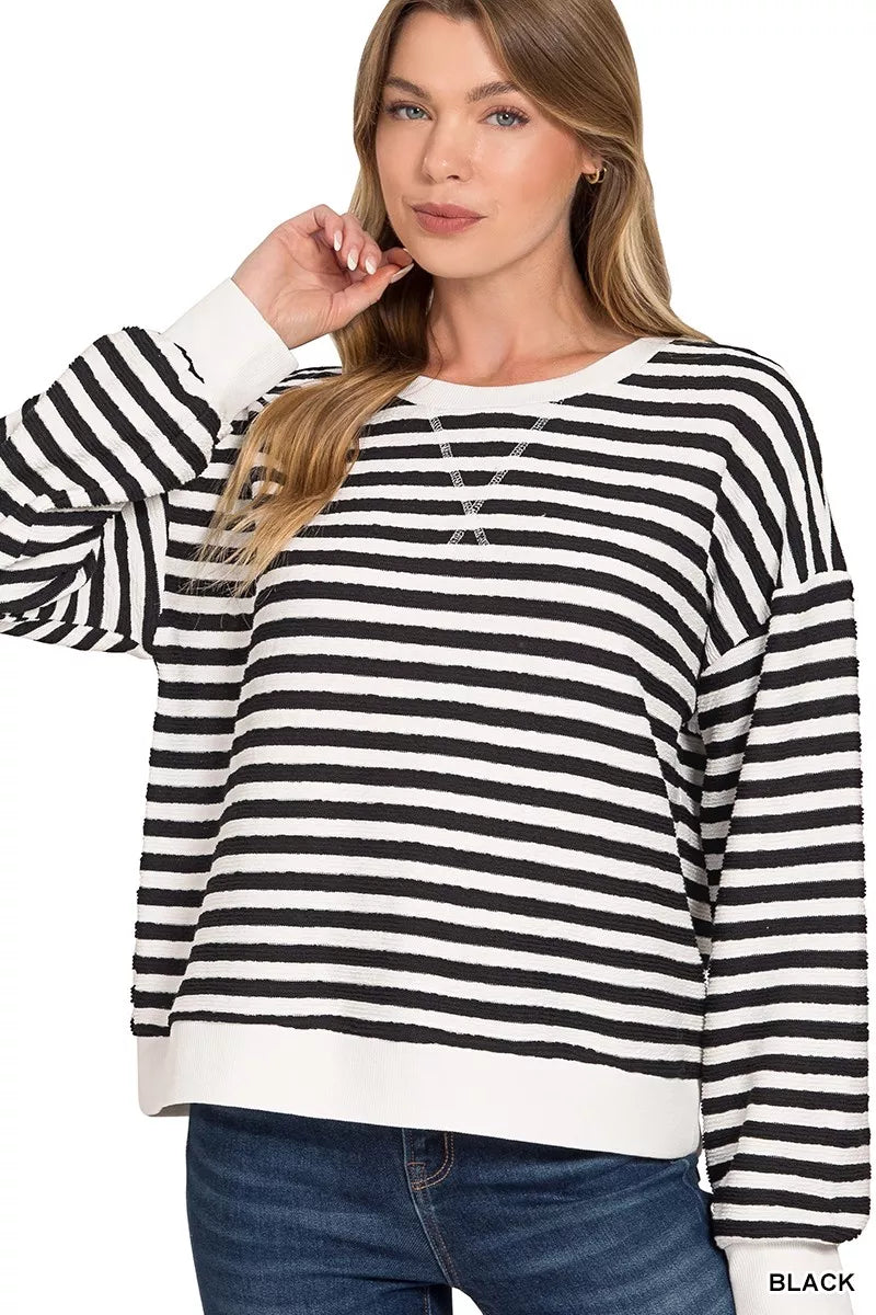 Striped Round Neck Sweatshirt ZENANA BLACK S