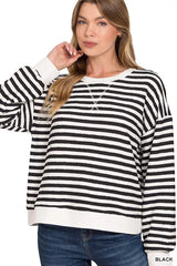 Striped Round Neck Sweatshirt ZENANA BLACK S