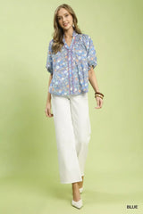 Umgee Smocked Floral Ruffle Trim Top Trendsi