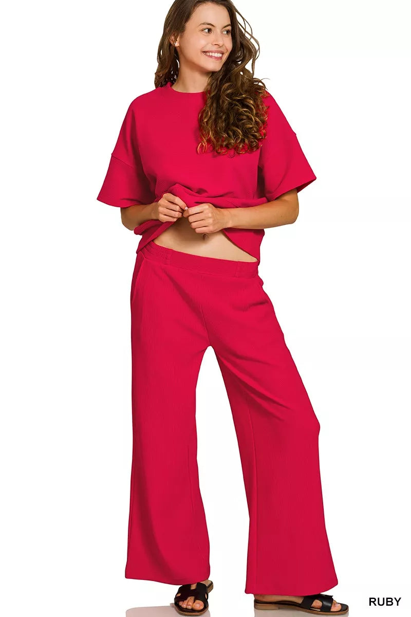 Ribbed Round Neck Tee & Pants Set ZENANA
