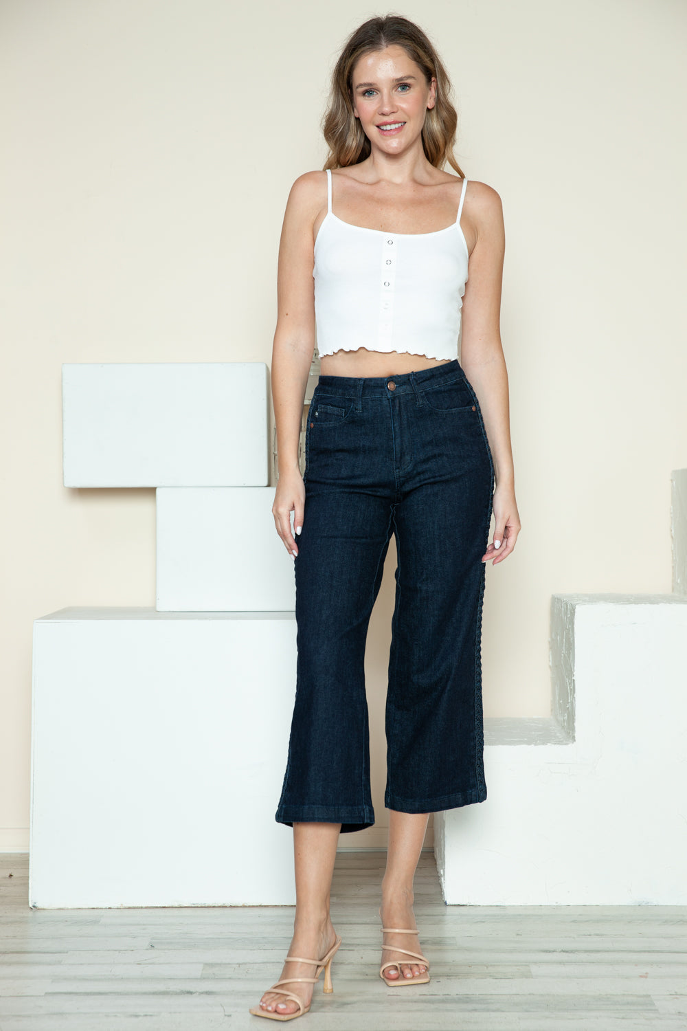 Side Seam Braid Detail Crop Wide Leg Jeans Judy Blue   