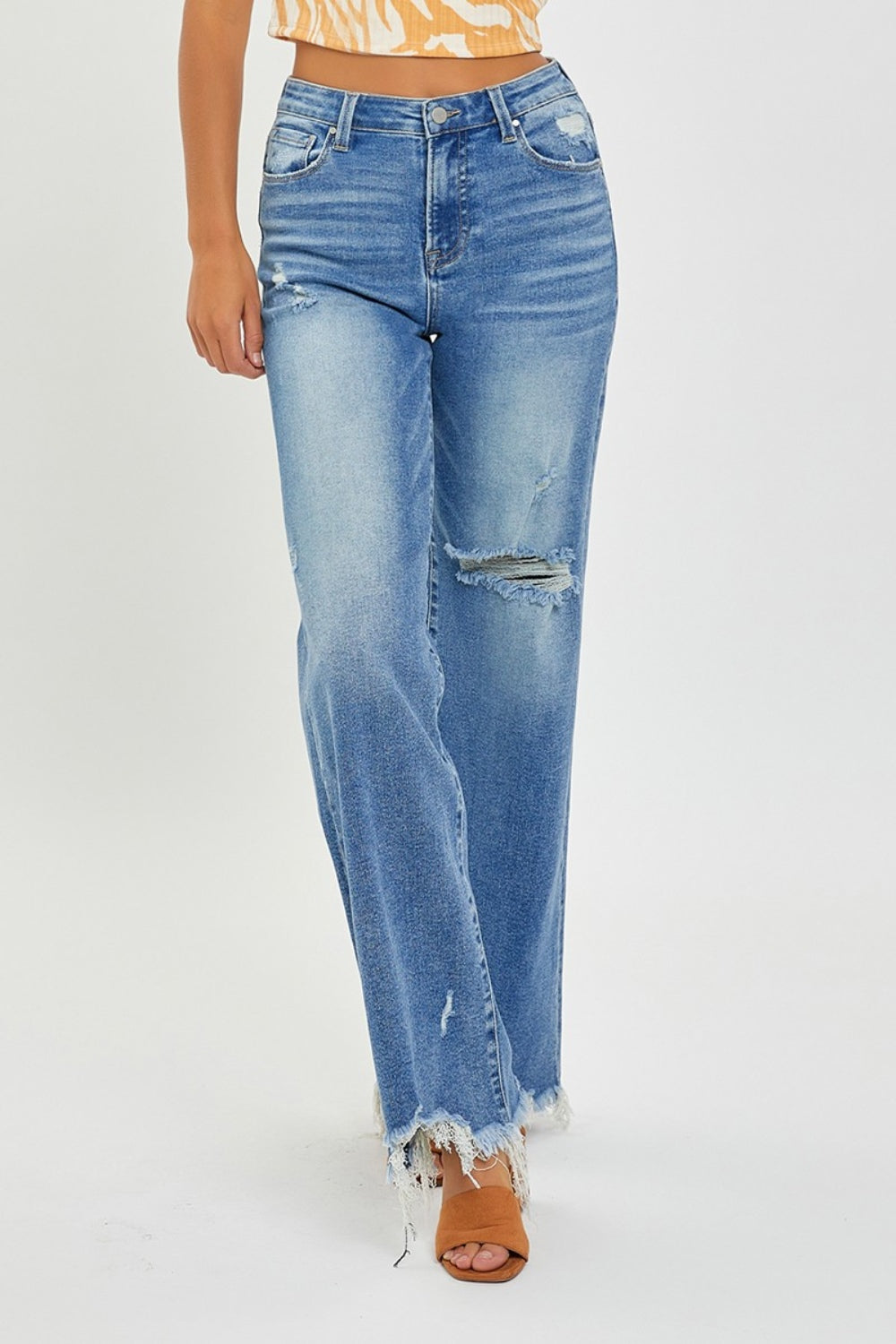 Full Size High Rise Frayed Hem Wide Leg Jeans Risen   