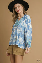 Ruffled Paisley Printed Long Sleeve Blouse Umgee