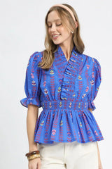 Printed Half Sleeve Peplum Blouse Umgee