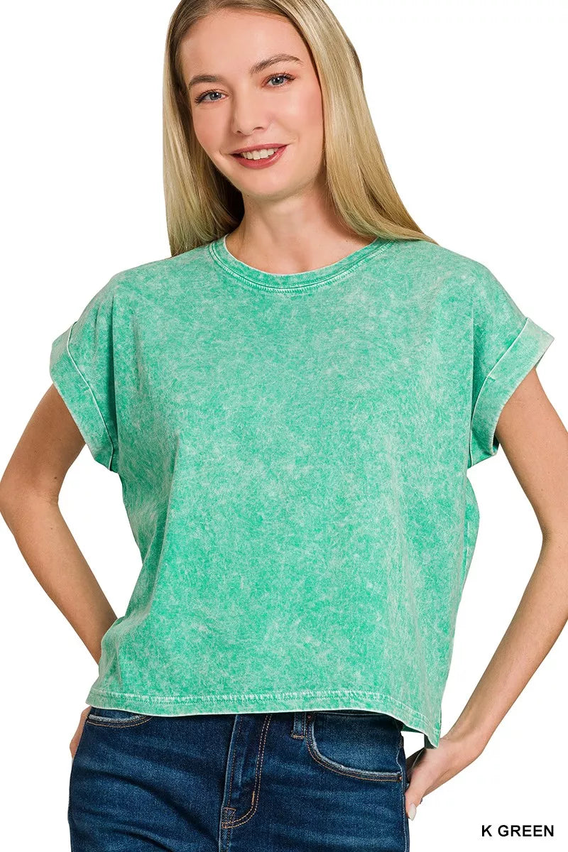 Halo Washed Cotton Cuffed Short Sleeve Top ZENANA K GREEN S