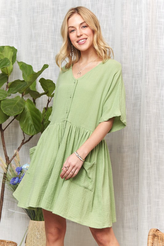 V-Neck Half Sleeve Dress with Pockets Adora